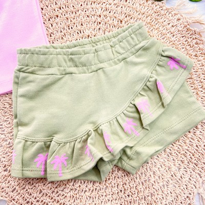 Conj. Regata Canelada e Short Saia Coqueiros - Rosa e Verde